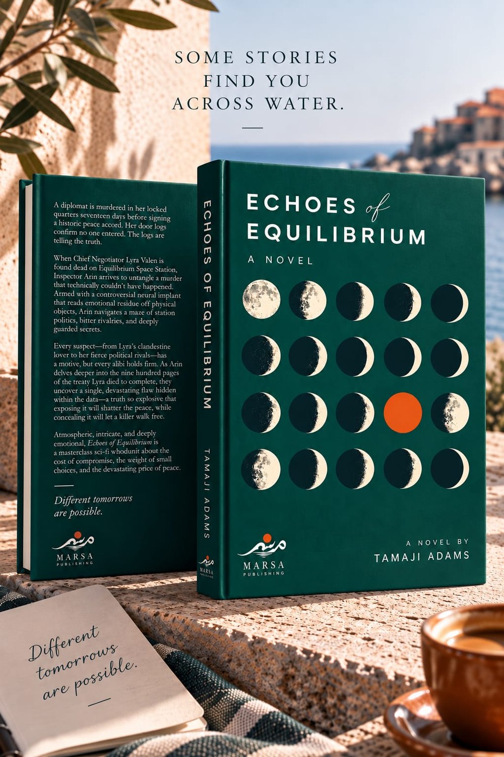 Echoes of Equilibrium by Tamaji Adams, front and back covers, photographed on a limestone ledge above the sea.